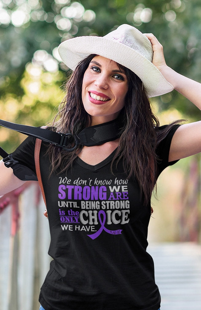 "How Strong We Are" Ladies V-Neck T-Shirt - Black w/ Purple