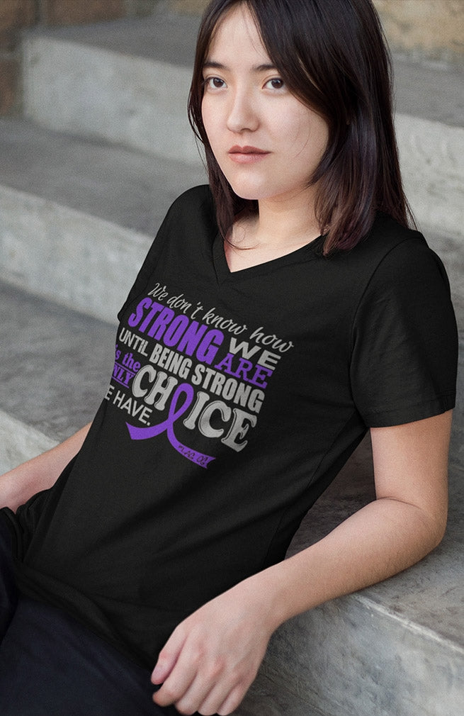 "How Strong We Are" Ladies V-Neck T-Shirt - Black w/ Purple