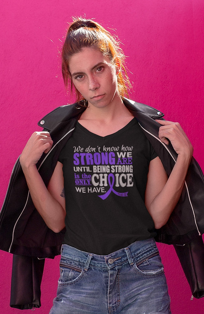 "How Strong We Are" Ladies V-Neck T-Shirt - Black w/ Purple