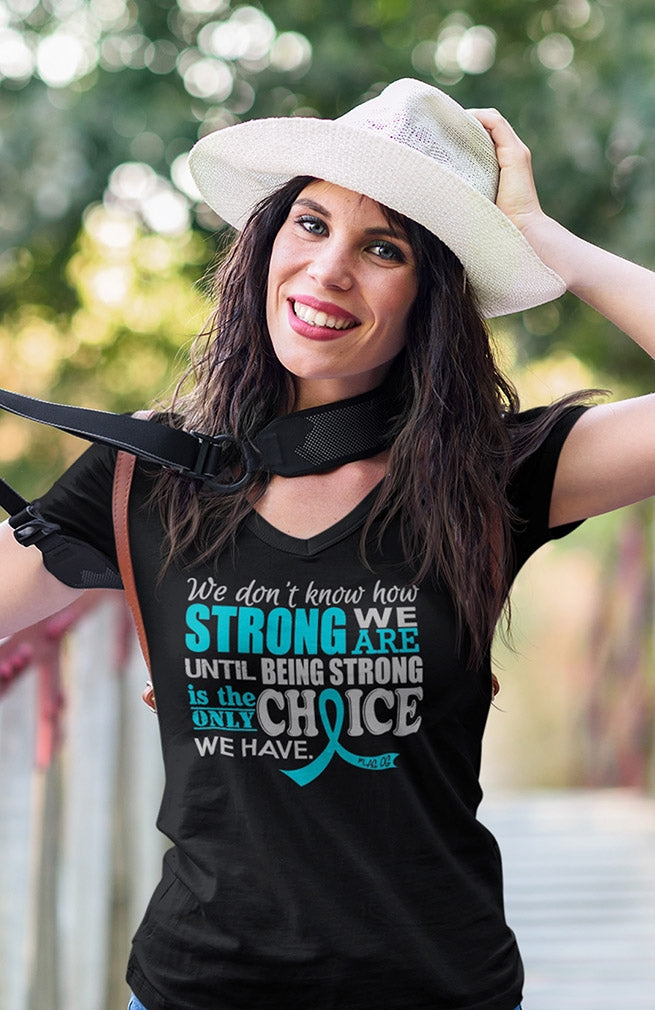 "How Strong We Are" Ladies V-Neck T-Shirt - Black w/ Teal
