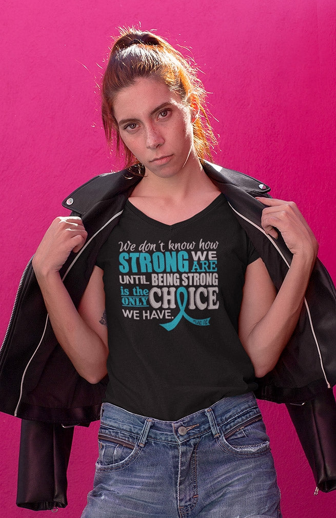 "How Strong We Are" Ladies V-Neck T-Shirt - Black w/ Teal