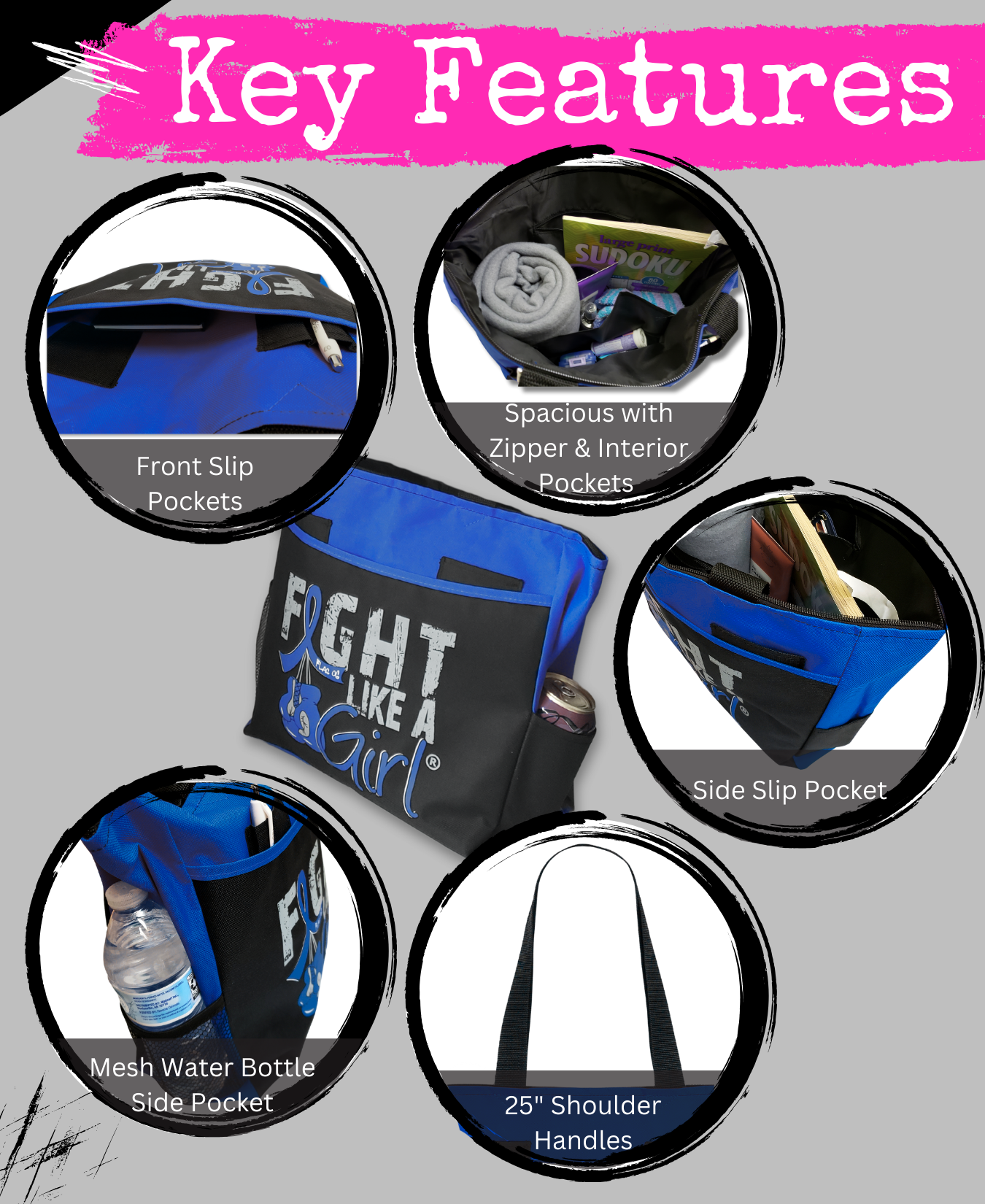 Fight Like a Girl Knockout Dakota Tote Bag - Black w/ Blue