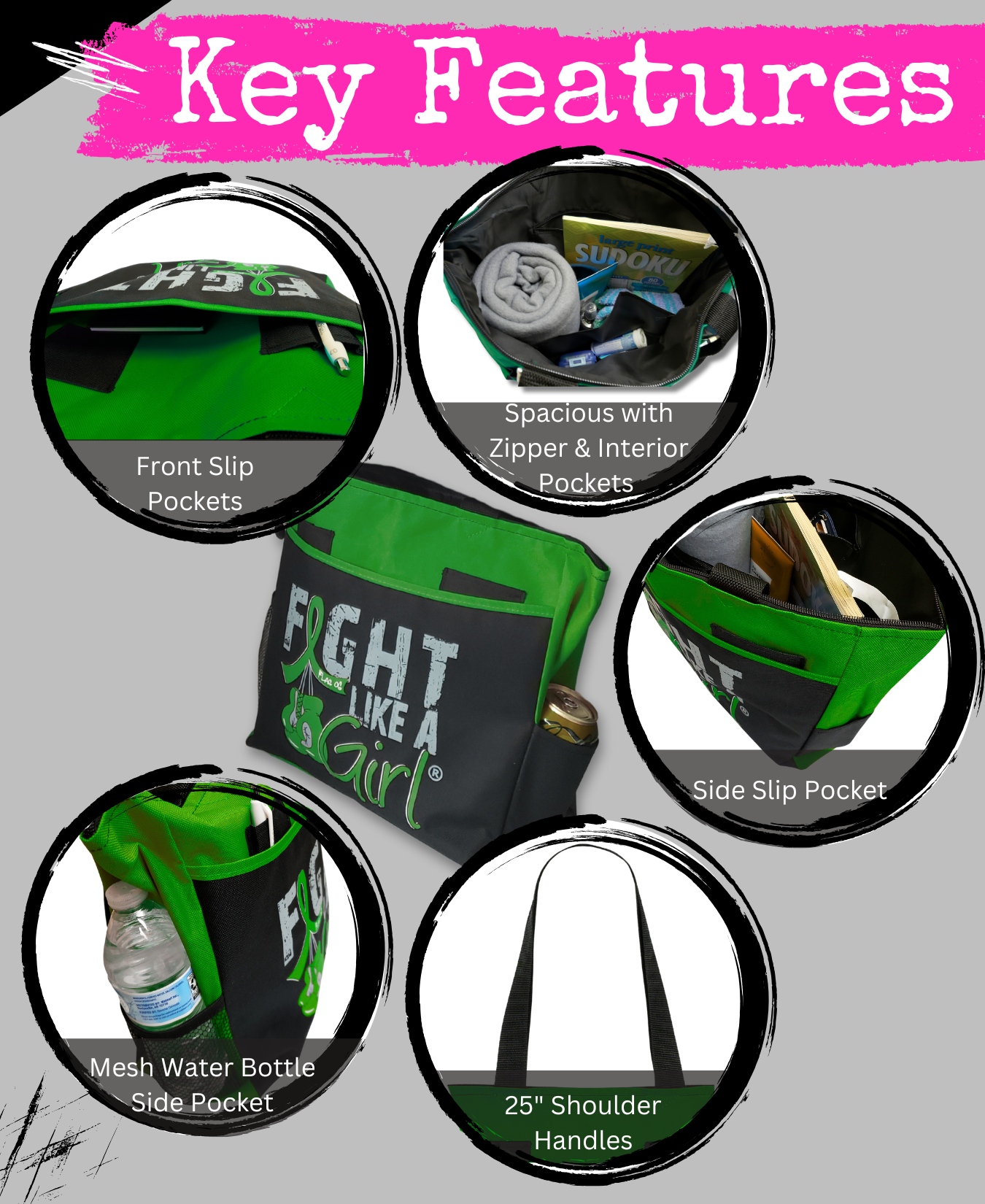 Fight Like a Girl Knockout Dakota Tote Bag - Black w/ Green