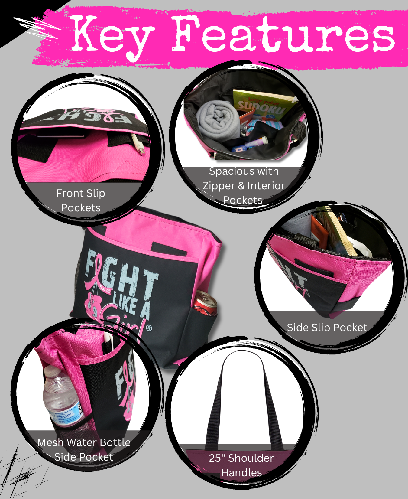 Fight Like a Girl Knockout Dakota Tote Bag - Black w/ Pink