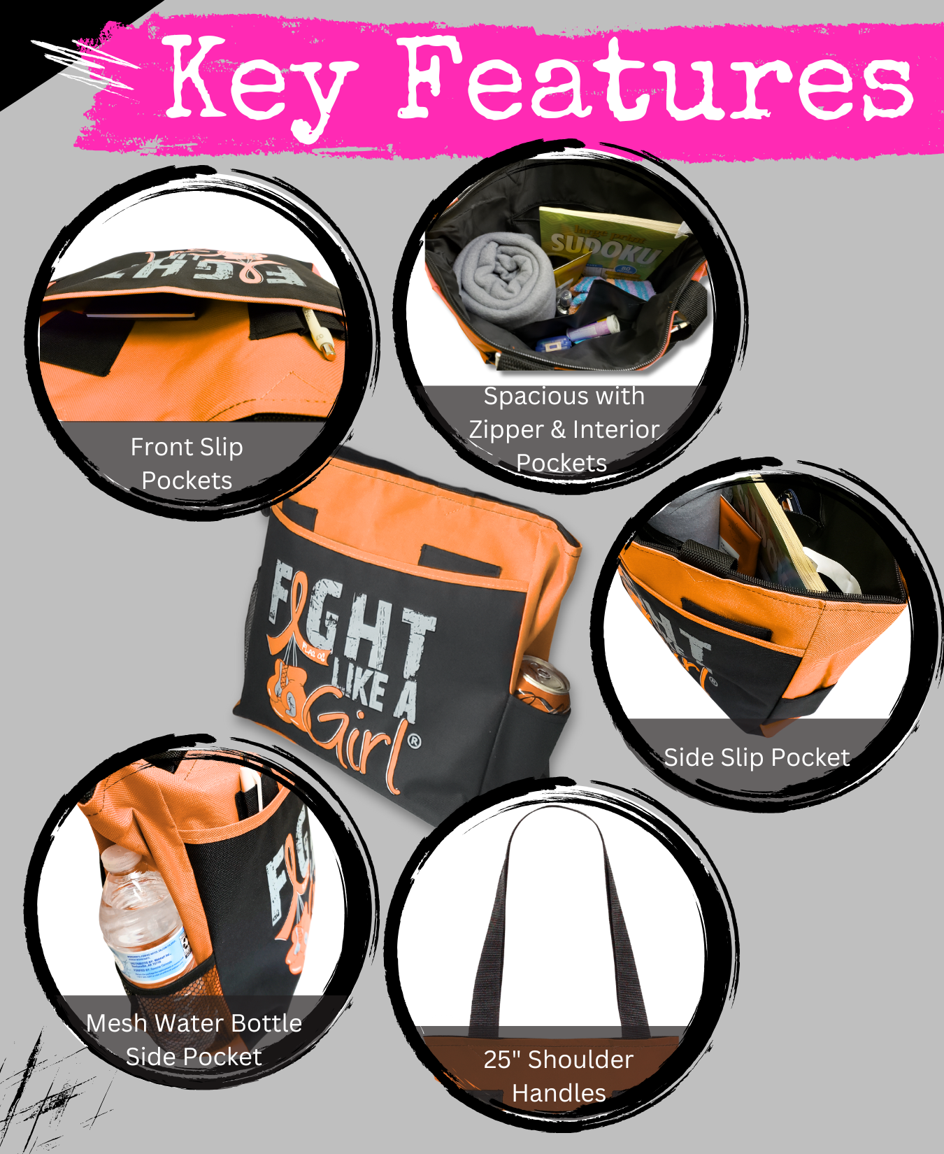 Fight Like a Girl Knockout Dakota Tote Bag - Black w/ Orange