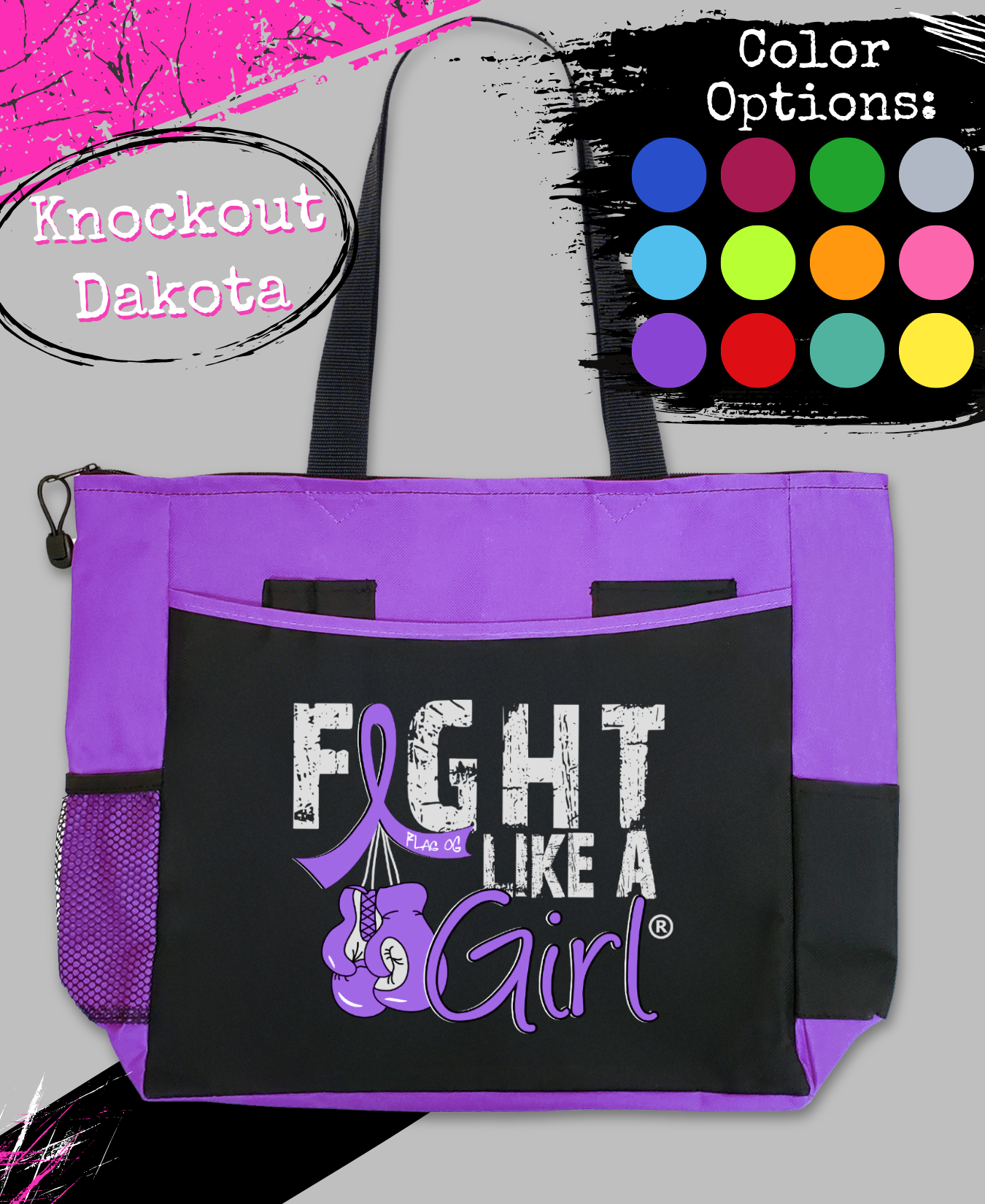 Fight Like a Girl Knockout Dakota Tote Bag - Black w/ Purple