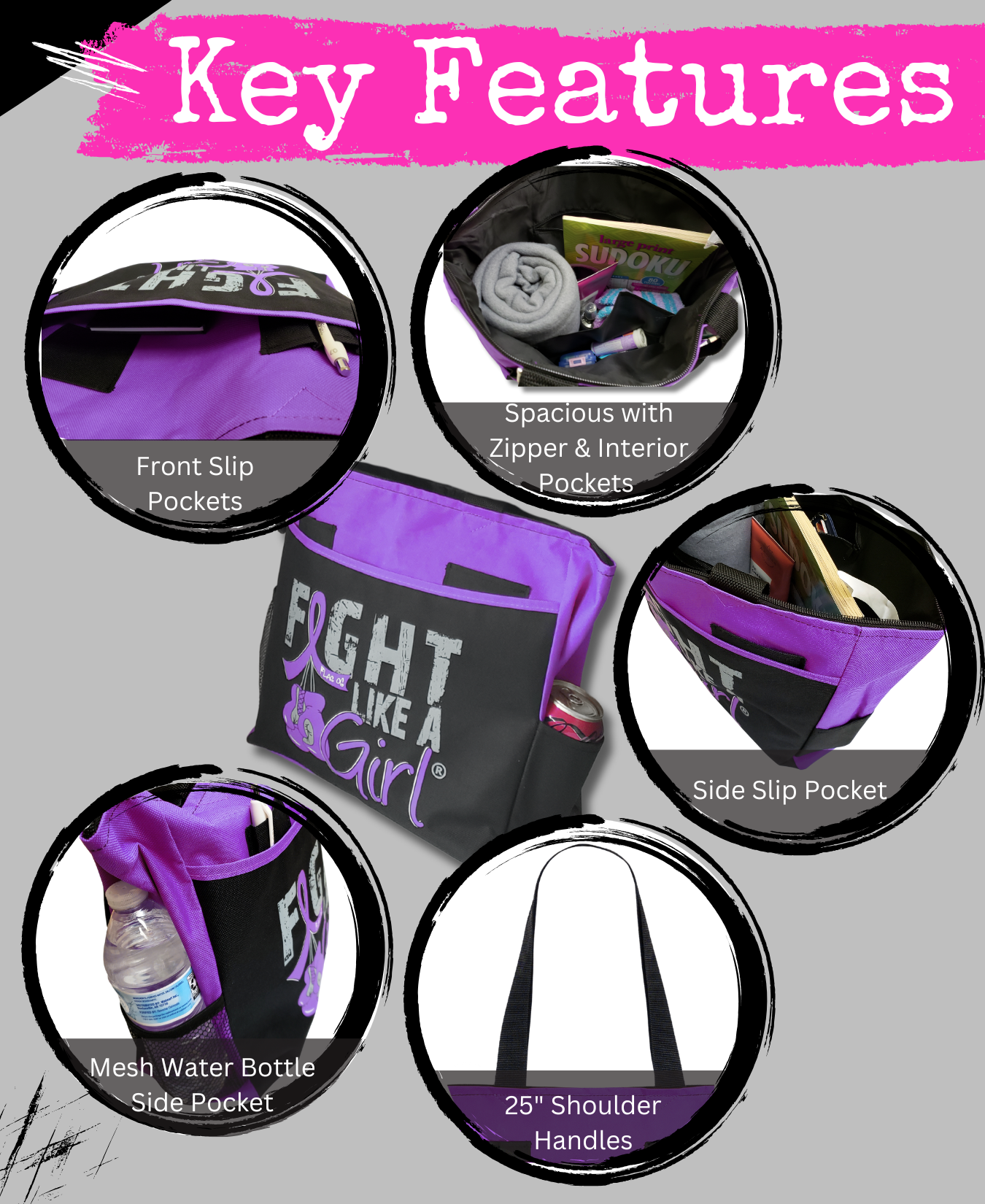 Fight Like a Girl Knockout Dakota Tote Bag - Black w/ Purple