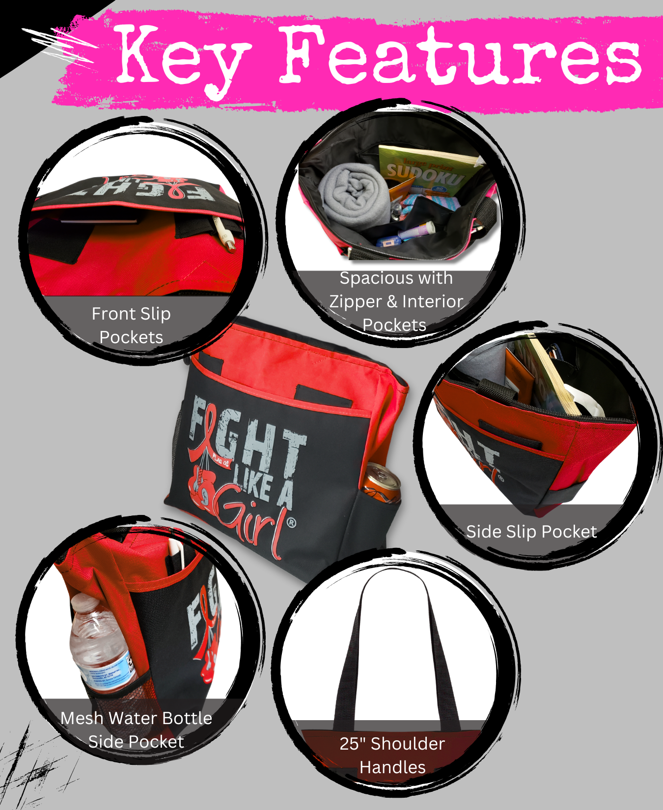 Fight Like a Girl Knockout Dakota Tote Bag - Black w/ Red