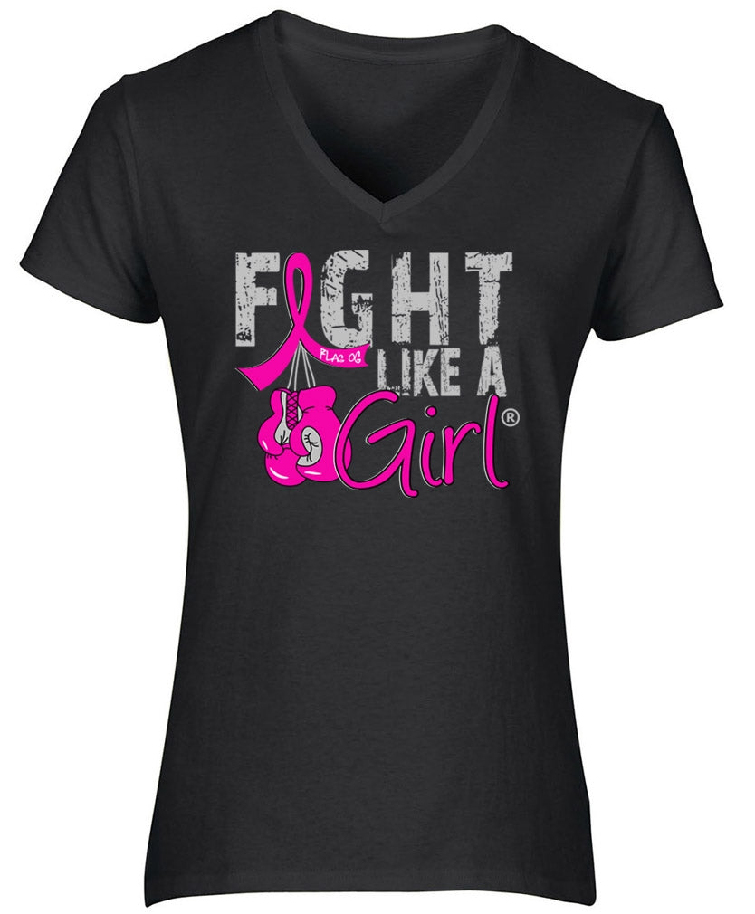"Fight Like a Girl Knockout" Ladies V-Neck T-Shirt - Black w/ Pink