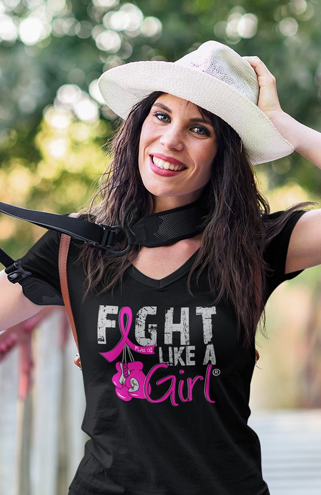 "Fight Like a Girl Knockout" Ladies V-Neck T-Shirt - Black w/ Pink
