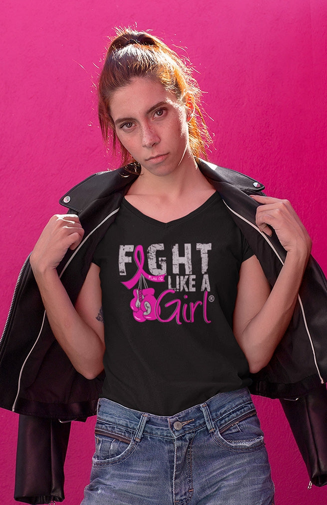 "Fight Like a Girl Knockout" Ladies V-Neck T-Shirt - Black w/ Pink