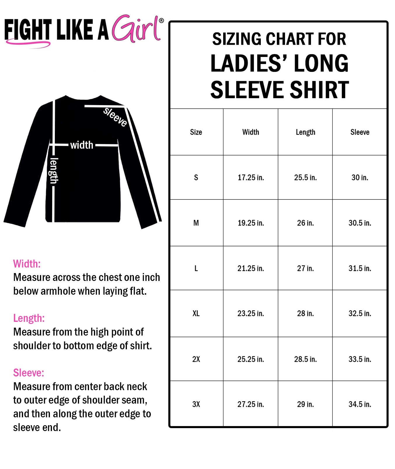 Ladies Long Sleeve Shirt Size Chart