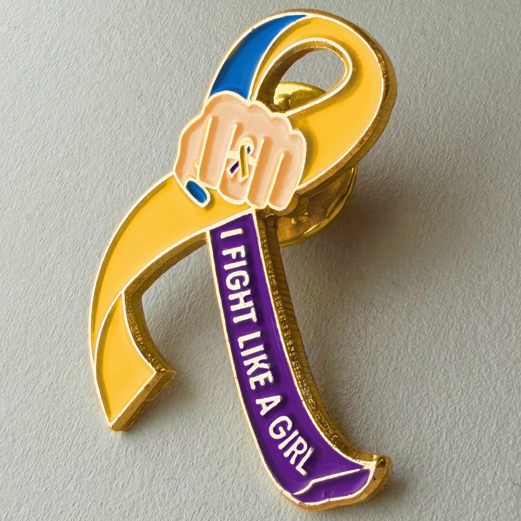 I Fight Like a Girl Fist Awareness Ribbon Lapel Pin - Blue/Purple/Marigold