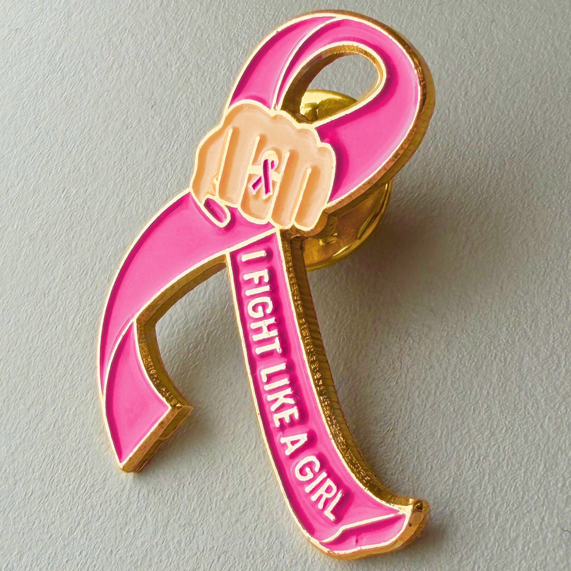 I Fight Like a Girl Fist Awareness Ribbon Lapel Pin - Hot Pink