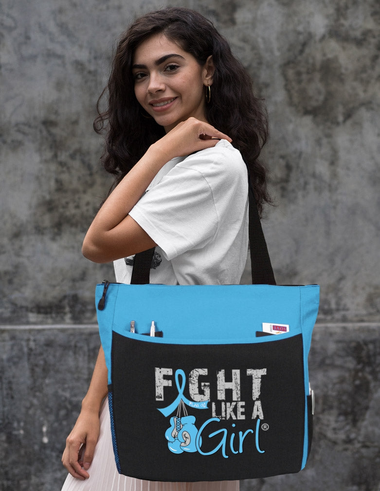 Light Blue Fight Like a Girl Knockout Dakota Tote Bag - Over the Shoulder
