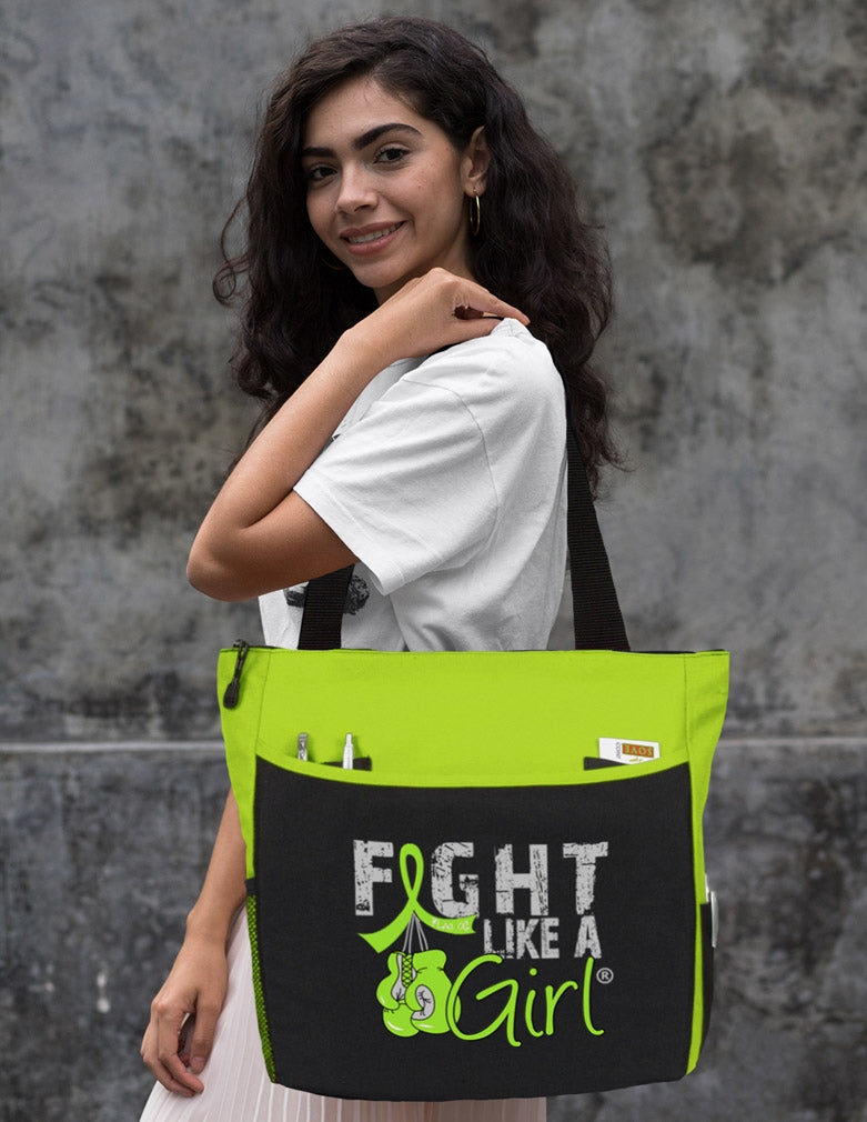 Lime Green Fight Like a Girl Knockout Dakota Tote Bag - Over the Shoulder