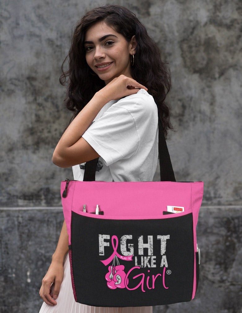 Hot Pink Fight Like a Girl Knockout Breast Cancer Awareness Dakota Tote Bag - Over the Shoulder