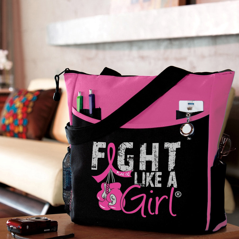 "Fight Like a Girl Knockout" Breast Cancer Awareness Dakota Tote Bag - Hot Pink
