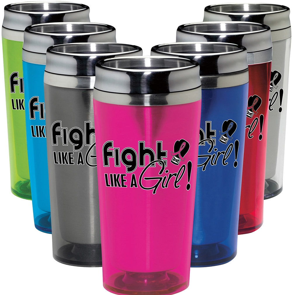 "Fight Like a Girl Signature" Stainless Steel Acrylic Travel Tumbler - Hot Pink