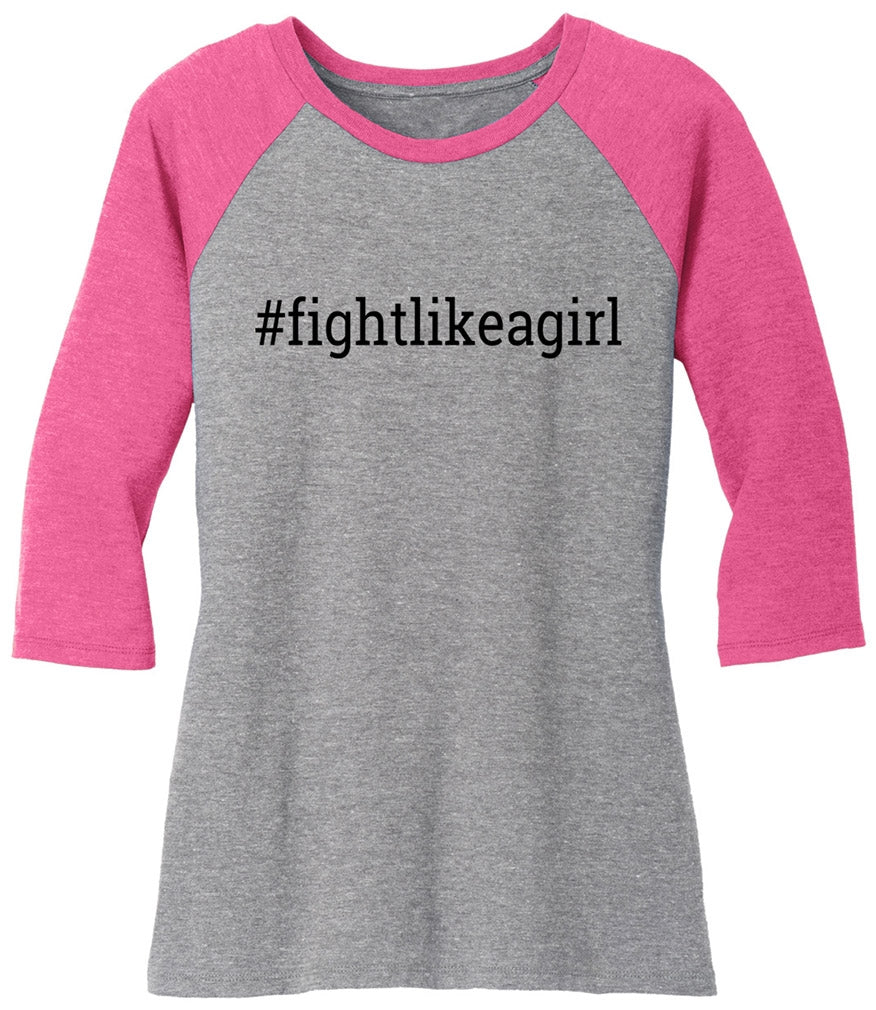 Fight Like a Girl Hashtag Women's Raglan 3/4 Sleeve T-Shirt - Grey Frost w/ Pink Frost