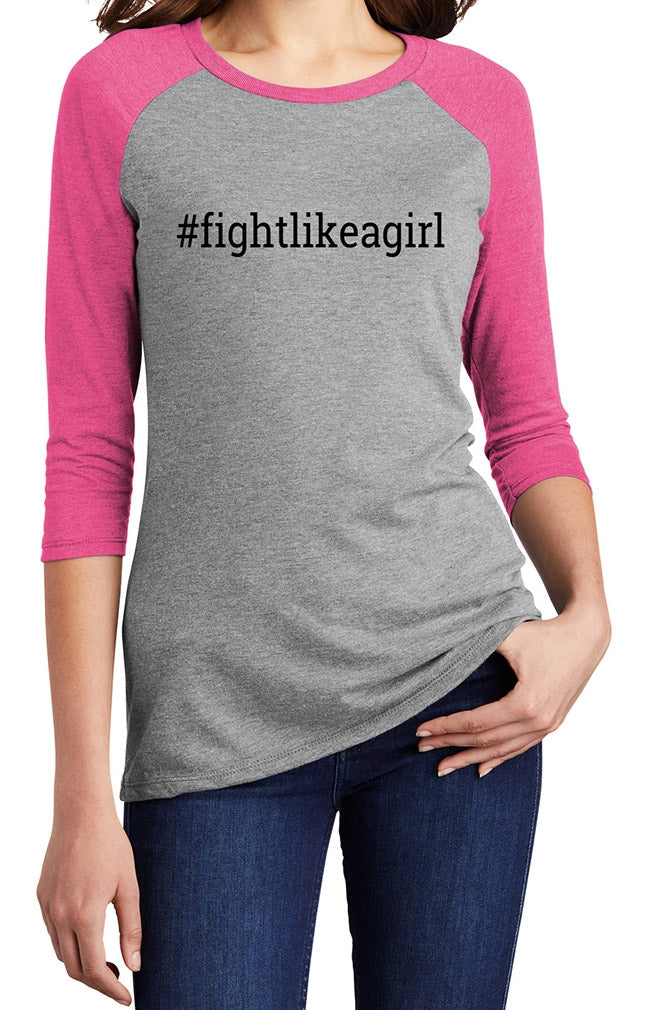 "Fight Like a Girl Hashtag" Ladies' Raglan T-Shirt - Grey w/ Bubblegum Pink