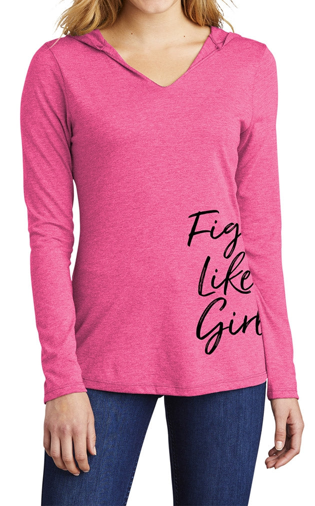 "Fight Like a Girl Script" Side-Wrap Ladies Tri-Blend Hooded Long Sleeve Shirt - Pink Frost