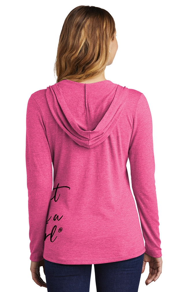 "Fight Like a Girl Script" Side-Wrap Ladies Tri-Blend Hooded Long Sleeve Shirt - Pink Frost
