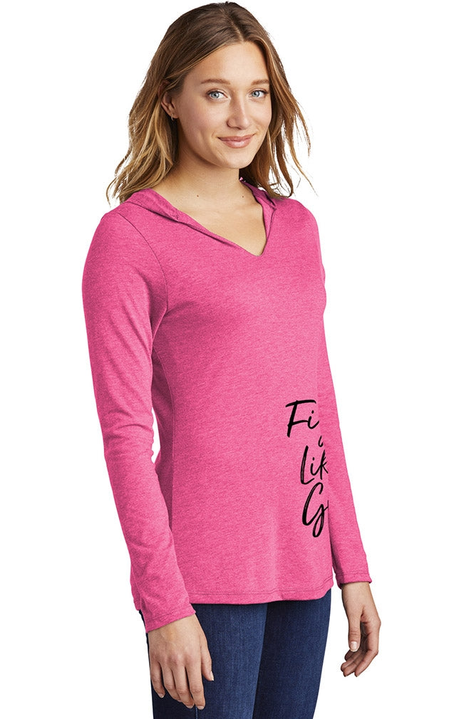 "Fight Like a Girl Script" Side-Wrap Ladies Tri-Blend Hooded Long Sleeve Shirt - Pink Frost