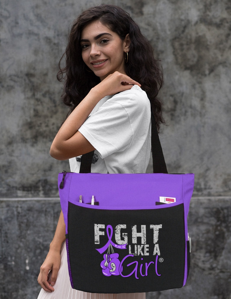 "Fight Like a Girl Knockout" Dakota Tote Bag - Purple Over the Shoulder