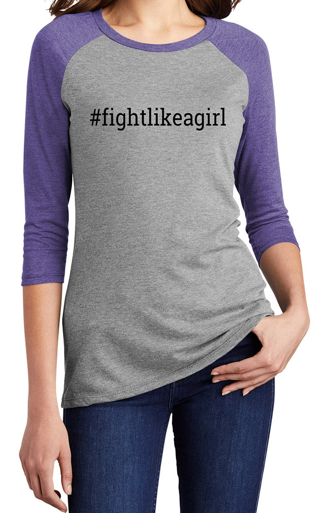 "Fight Like a Girl Hashtag" Ladies' Raglan T-Shirt - Grey w/ Purple