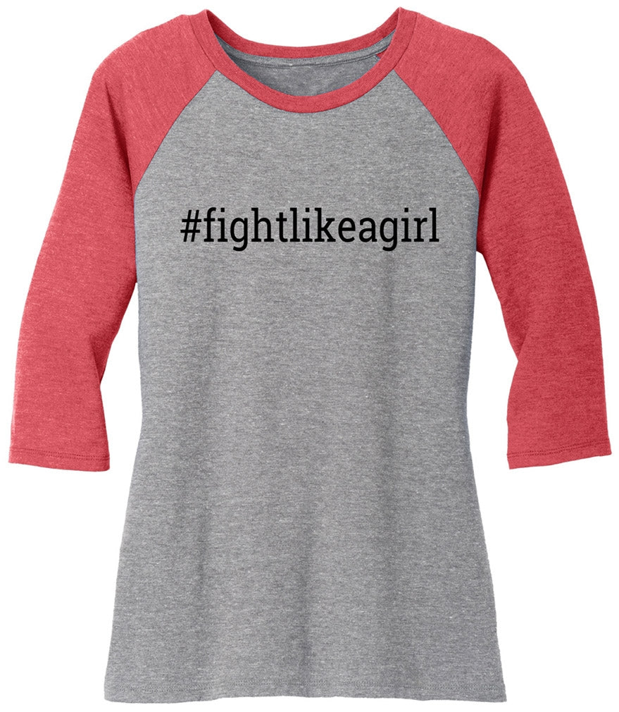 Fight Like a Girl Hashtag Women's Raglan 3/4 Sleeve T-Shirt - Grey Frost w/ Red Frost