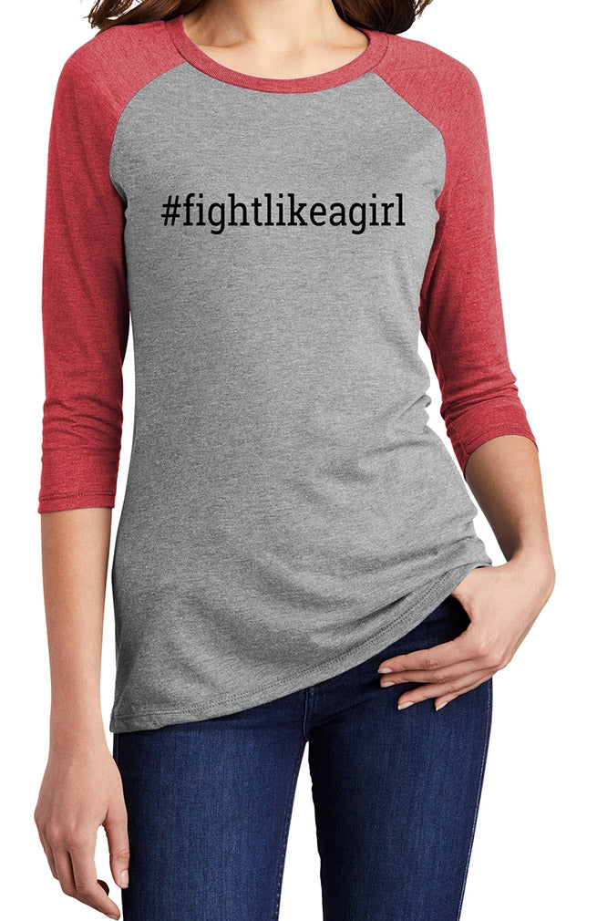 "Fight Like a Girl Hashtag" Ladies' Raglan T-Shirt - Grey w/ Red