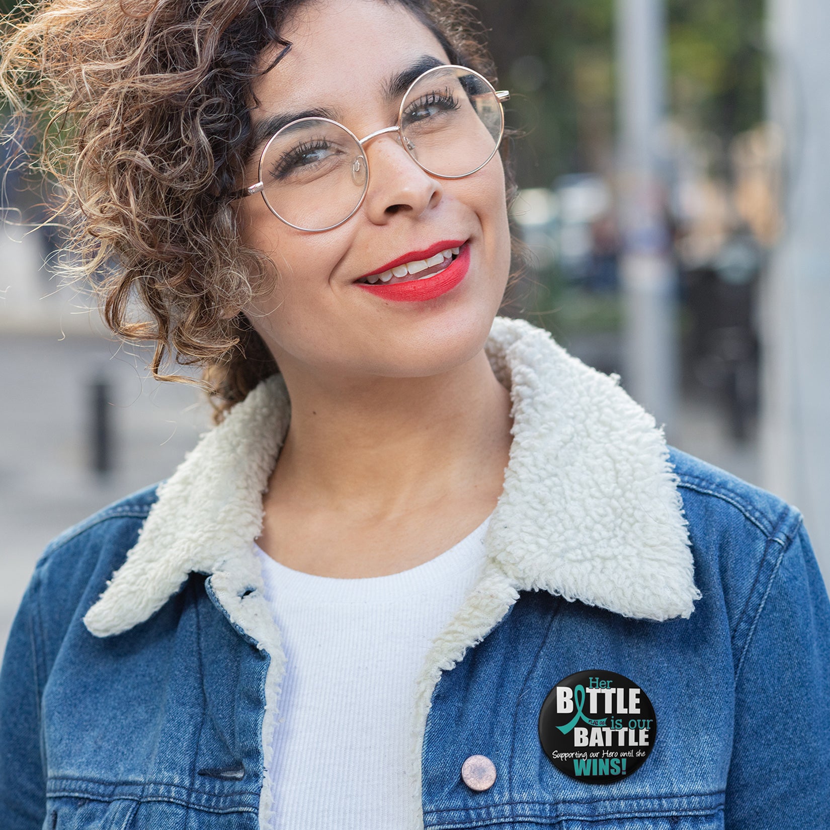 Her Battle Is Our Battle Round Button - Black w/ Teal