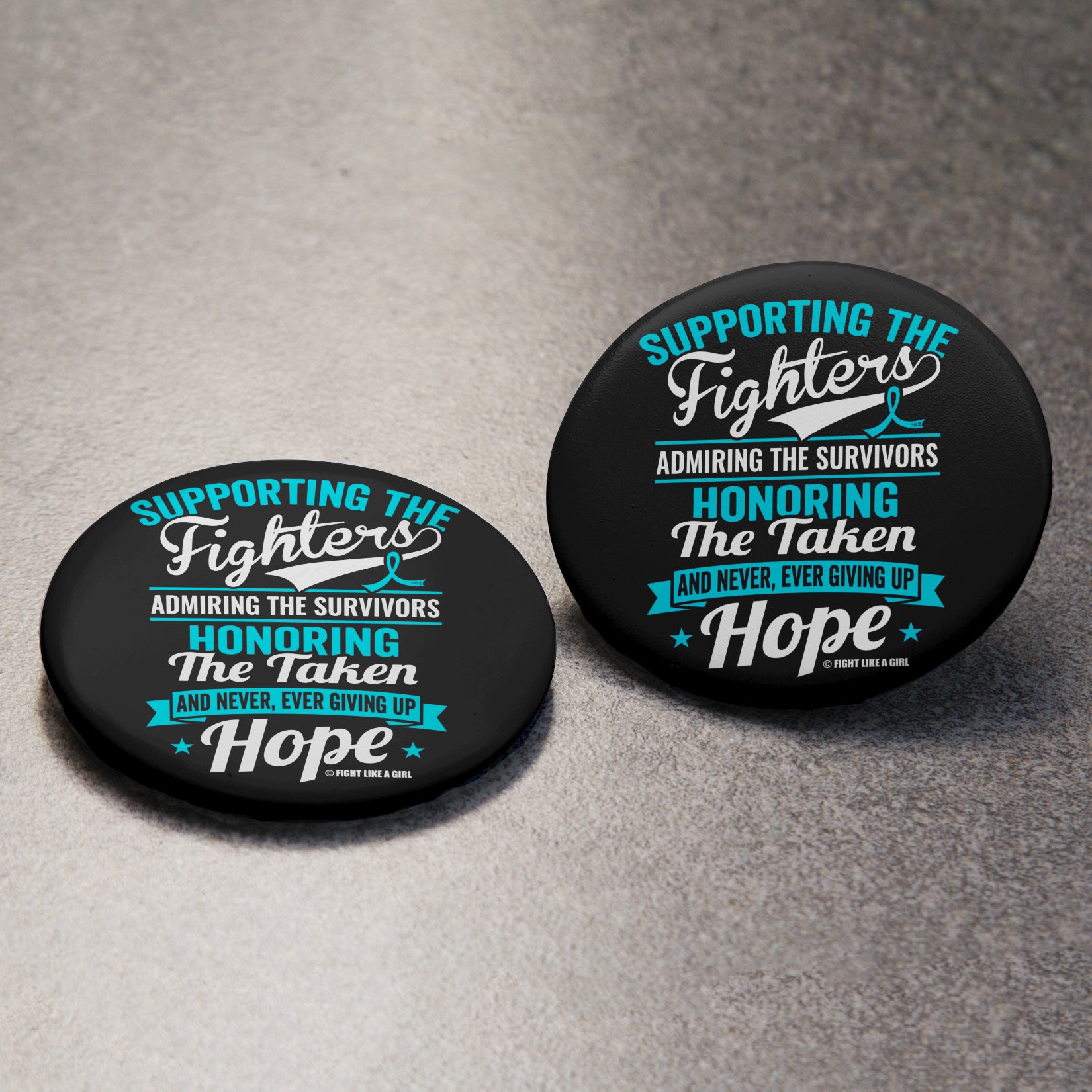 Supporting Admiring Honoring Round Button - Black w/ Teal