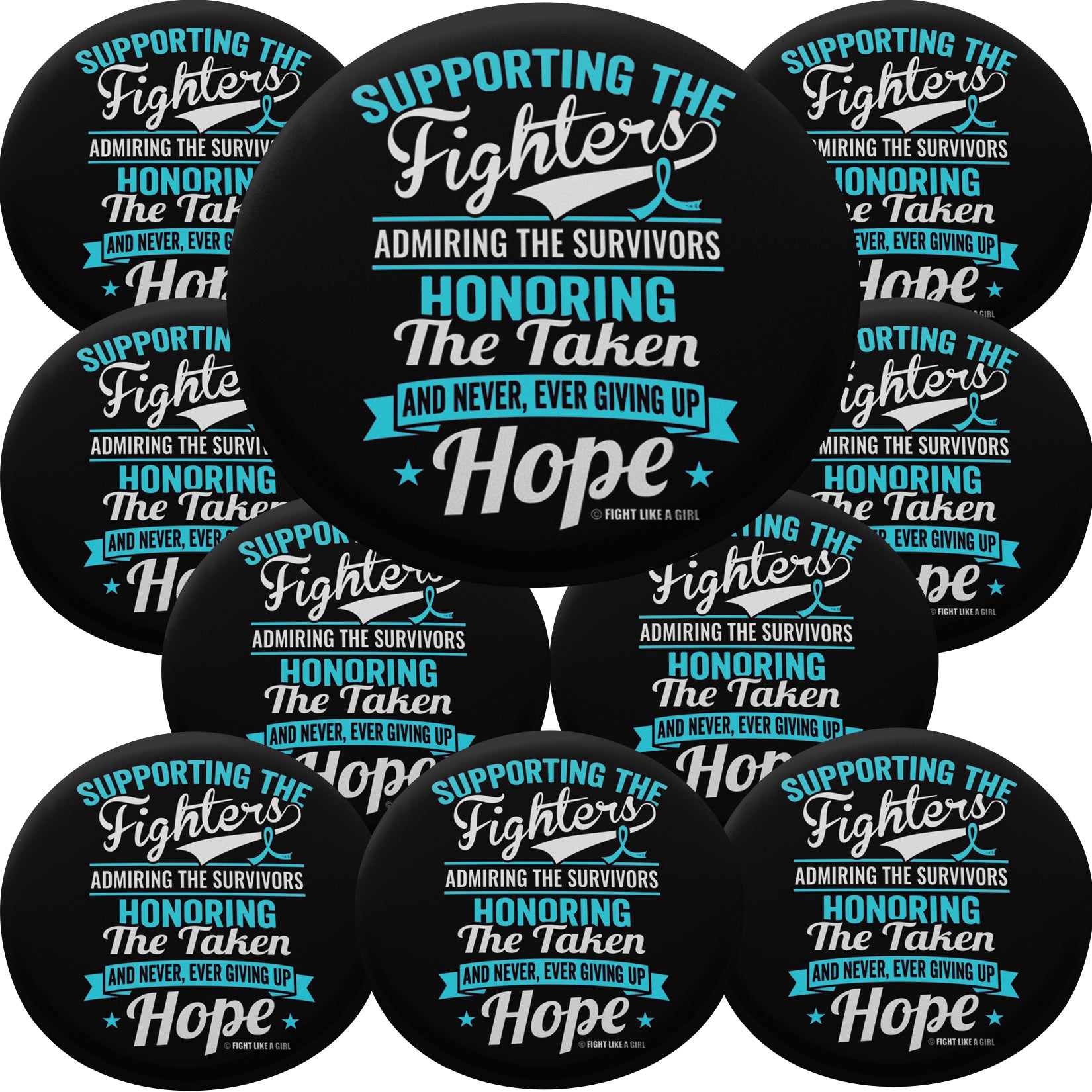 Supporting Admiring Honoring Round Button - Black w/ Teal