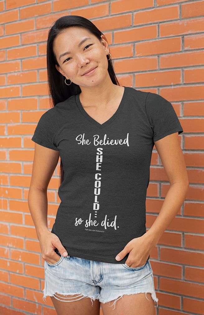 Fight Like A Girl "She Believed She Could" Ladies' Triblend V-Neck T-Shirt - Black Frost