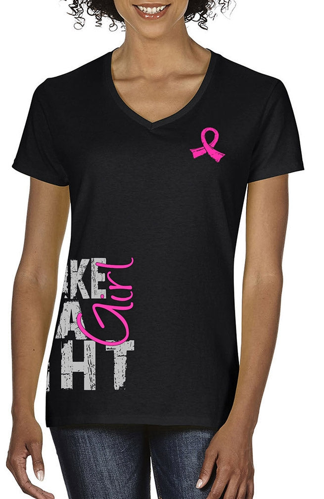 "Fight Like a Girl Side Wrap" Ladies V-Neck T-Shirt - Black w/ Pink