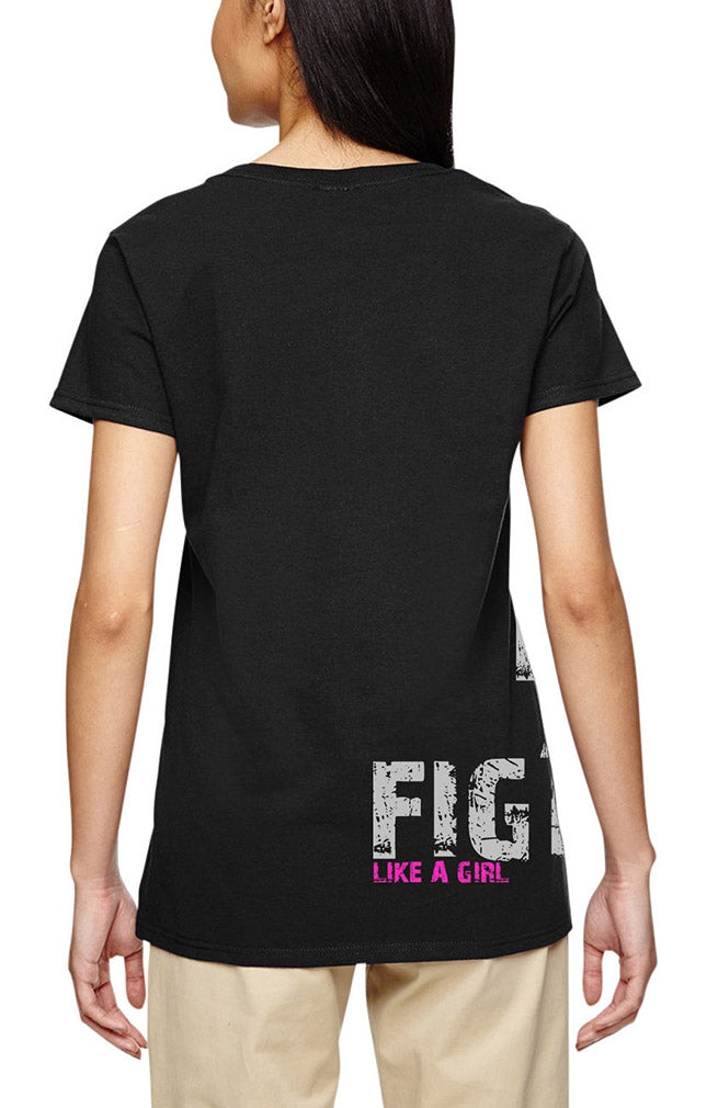"Fight Like a Girl Side Wrap" Ladies V-Neck T-Shirt - Black w/ Pink