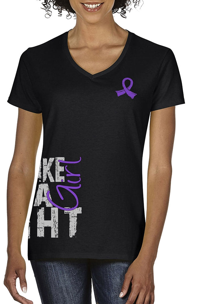 "Fight Like a Girl Side Wrap" Ladies V-Neck T-Shirt - Black w/ Purple