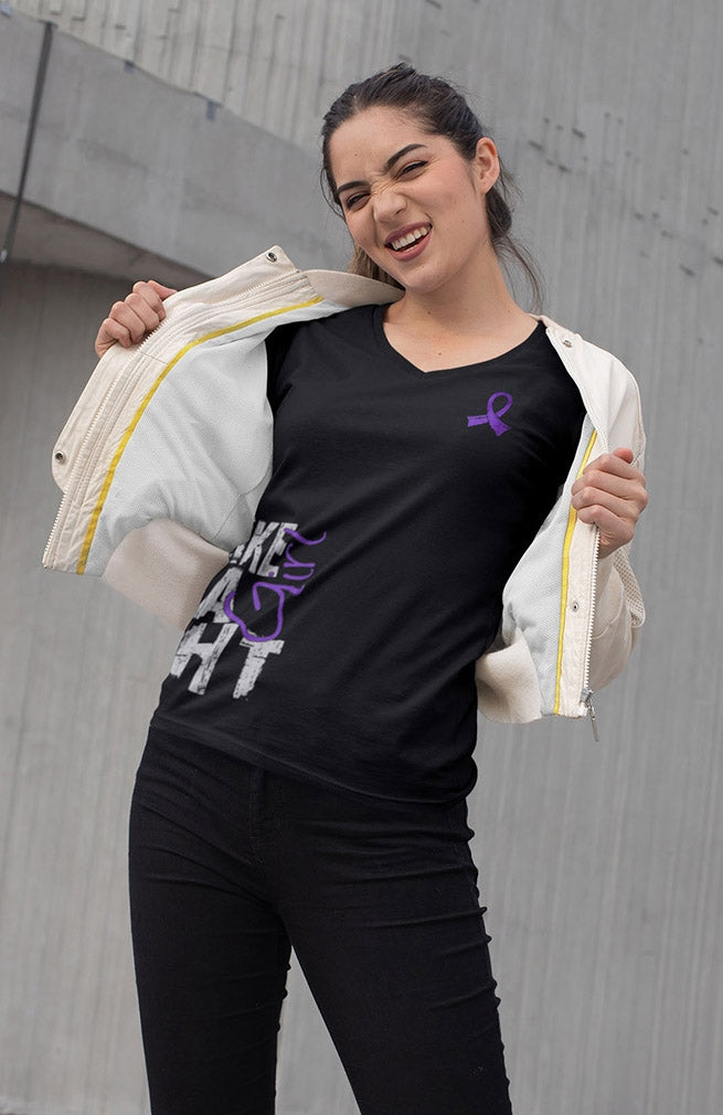 "Fight Like a Girl Side Wrap" Ladies V-Neck T-Shirt - Black w/ Purple