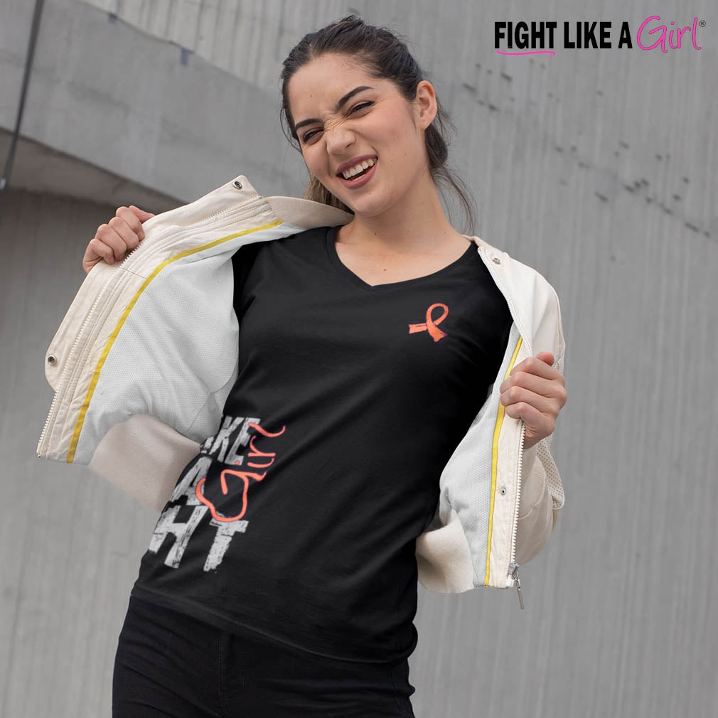 "Fight Like a Girl Side Wrap" Ladies V-Neck T-Shirt - Black w/ Peach