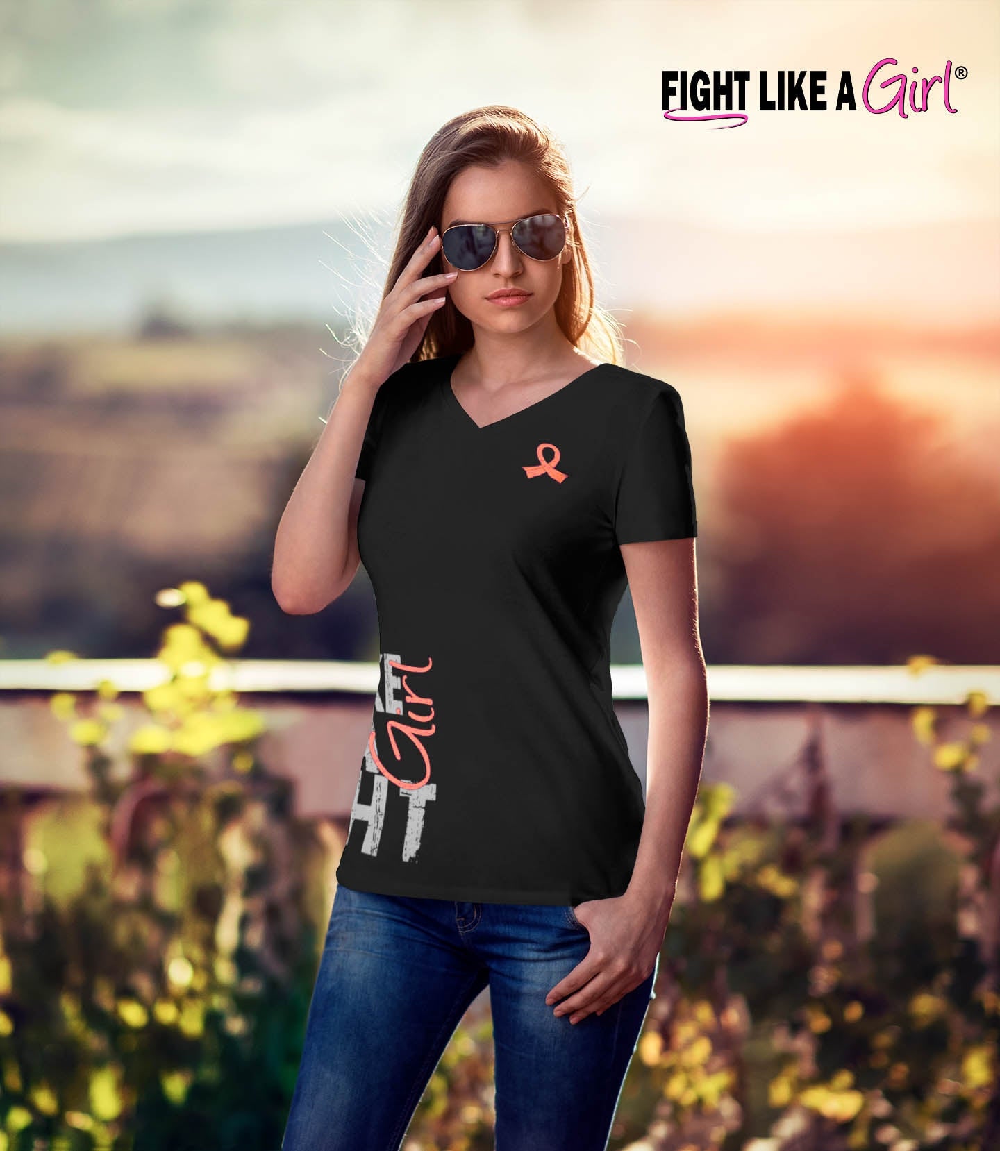 "Fight Like a Girl Side Wrap" Ladies V-Neck T-Shirt - Black w/ Peach