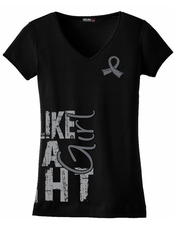 Fight Like A Girl V-Neck T-Shirt for Brain Cancer