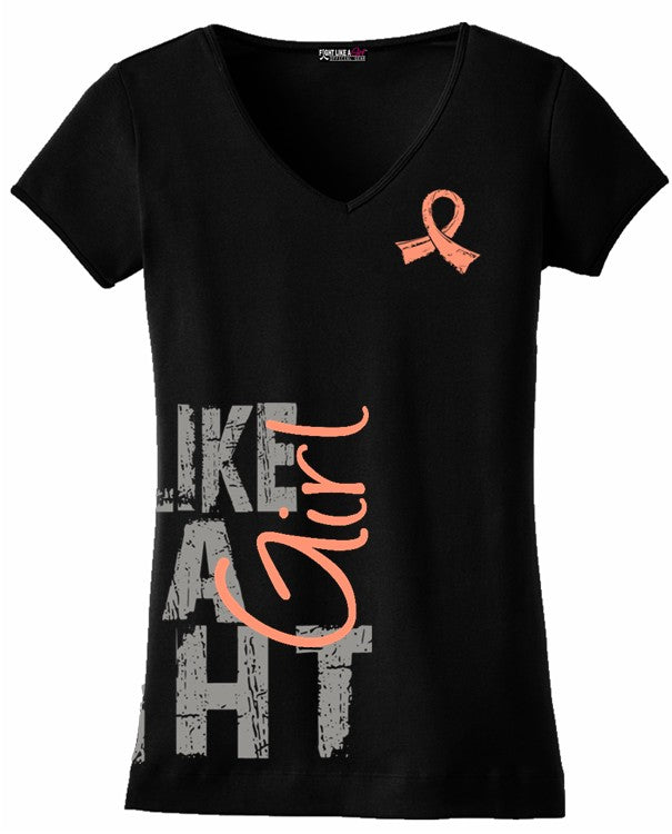 Fight Like A Girl V-Neck T-Shirts for Uterine Cancer and Endometrial Cancer