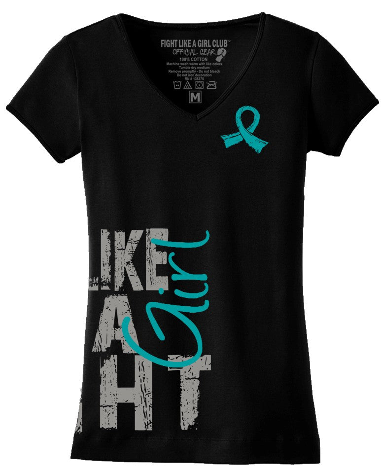 Fight Like a Girl V-Neck Shirt - Ovarian Cancer