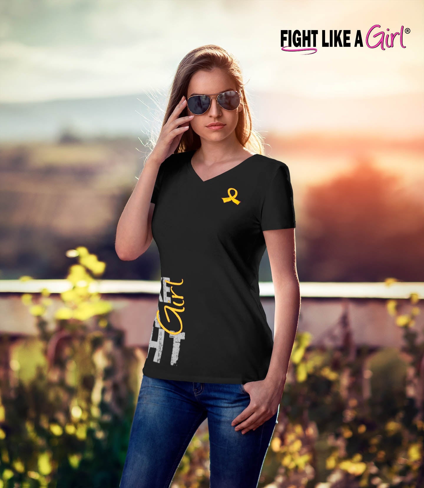 "Fight Like a Girl Side Wrap" Ladies V-Neck T-Shirt - Black w/ Yellow