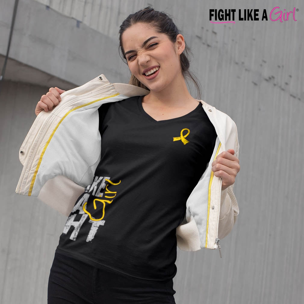 "Fight Like a Girl Side Wrap" Ladies V-Neck T-Shirt - Black w/ Yellow