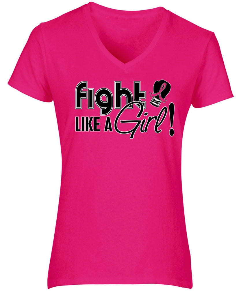 "Fight Like a Girl Signature" Ladies V-Neck T-Shirt - Hot Pink
