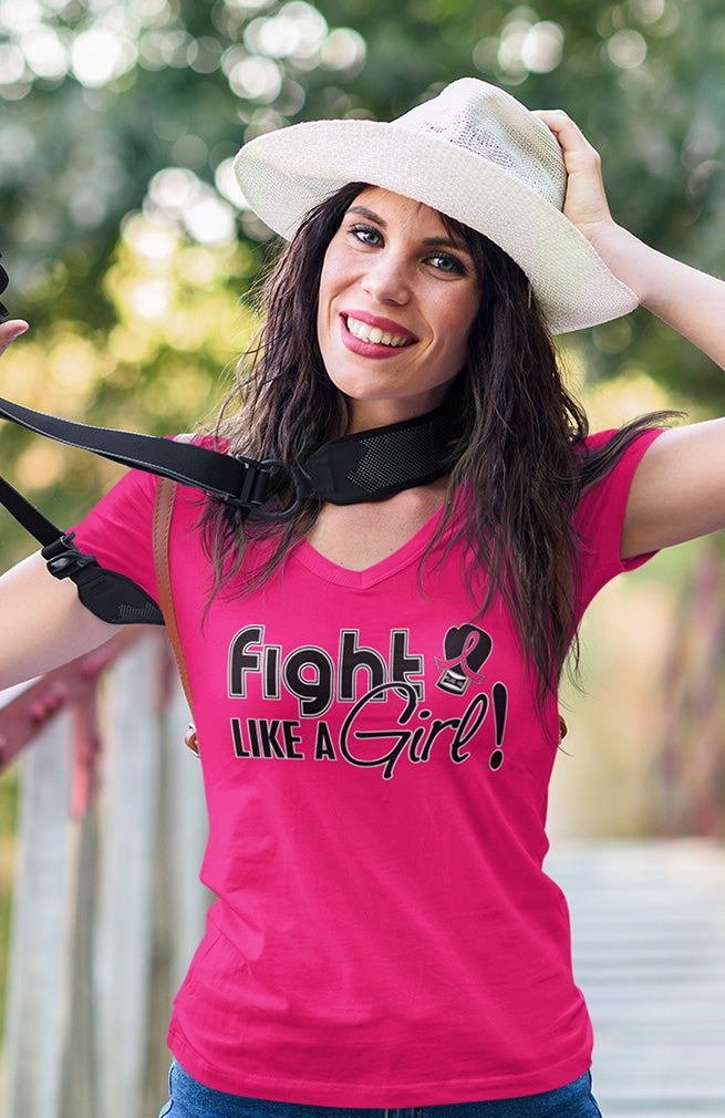 "Fight Like a Girl Signature" Ladies V-Neck T-Shirt - Hot Pink