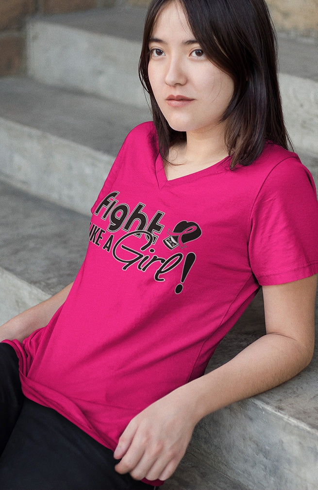 "Fight Like a Girl Signature" Ladies V-Neck T-Shirt - Hot Pink